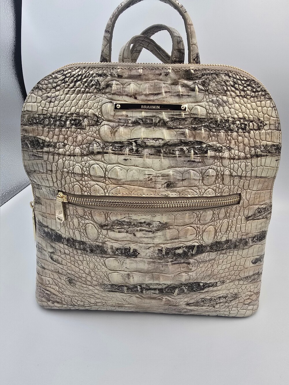 Brahmin Croc-Embossed Leather Backpack in Taupe and Cream Marble